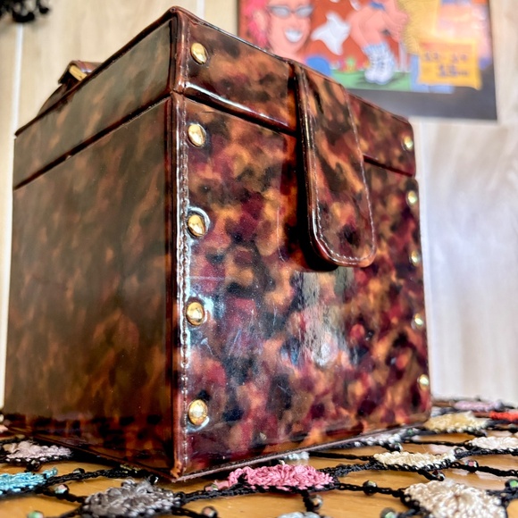 Vintage Hard Tortoise Shell Cosmetic Mirror Box Hand Bag 90s 2000s - Picture 4 of 8